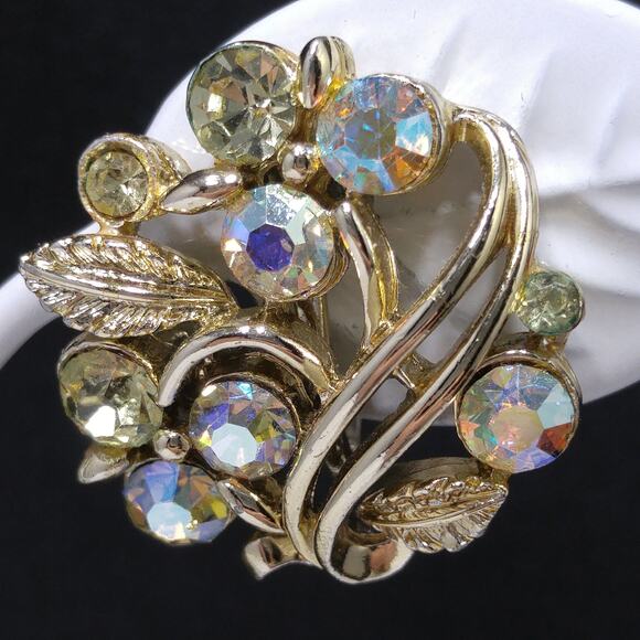 Vintage Lisner Aurora Borealis Rhinestone Earrings, Gold Tone Screw Back, 1950s - Picture 2 of 10